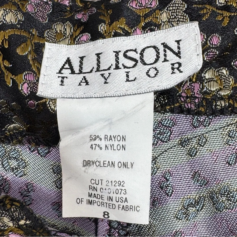 Vintage Allison Taylor Ditsy Floral Satin Brocade Ankle‎ Pants Black Purple 8